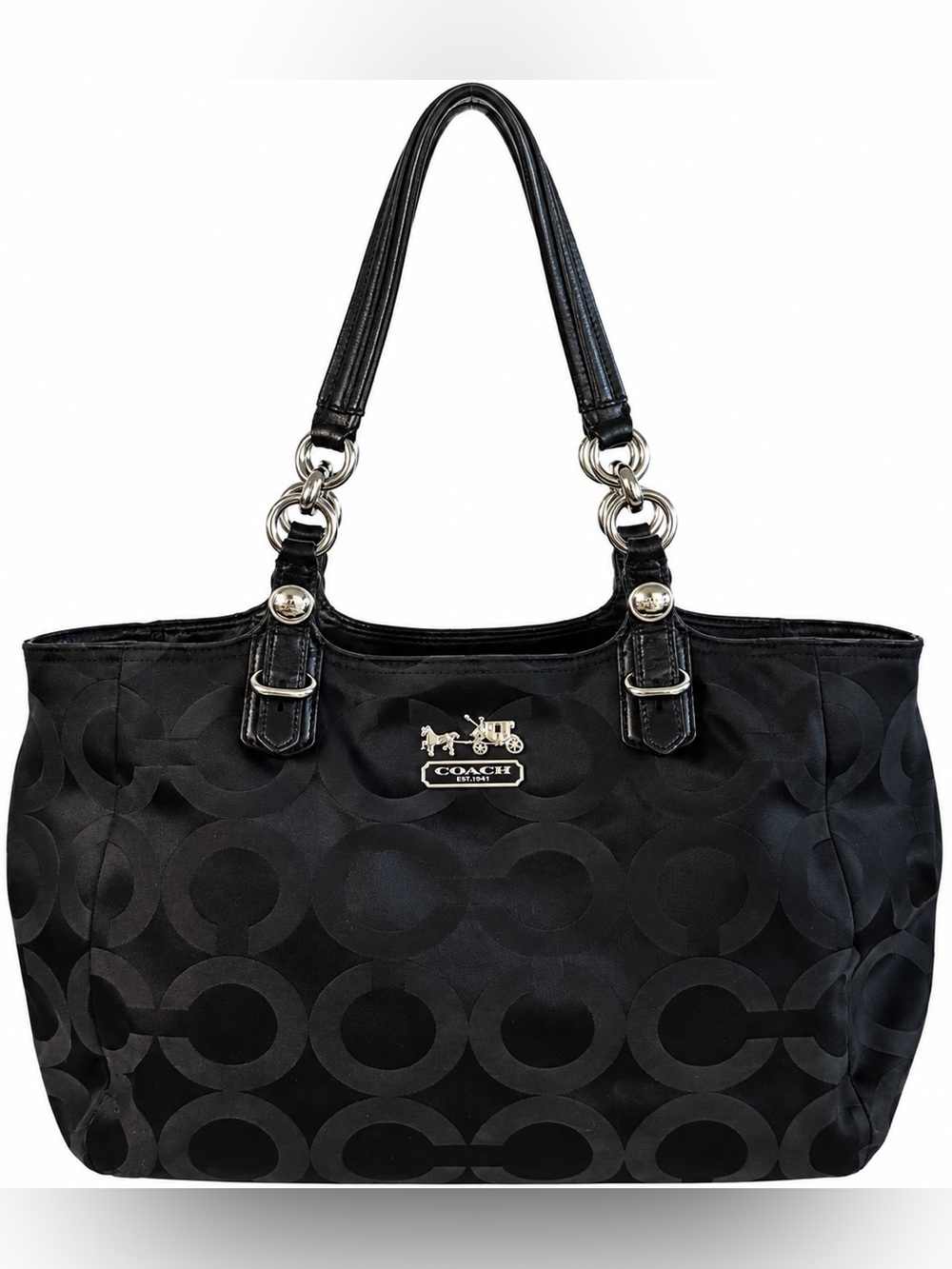 Coach Black Signature Circle Tote with Leather Straps